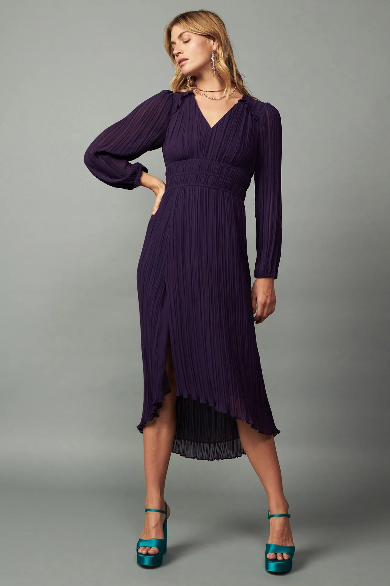 Pleated V-Neck Midi Dress - Current Air X-Small Pleated V-Neck Midi Dress - Current Air X-Small