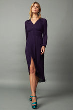 Load image into Gallery viewer, Elegant, subtly sheer midi dress features dainty pleats, ruffle trim on shoulders, and an elasticized waist. High-low hem with front slit and lettuce edge. Includes a sweet back tie.