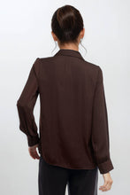 Load image into Gallery viewer, Brown v-neck collared long sleeve button up shirt.