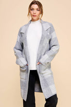 Load image into Gallery viewer, Grey plaid cardigan with structured pockets and collar. Soft, plush and elevated makes it great for versatile looks.