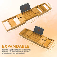 Load image into Gallery viewer, Bamboo bathtub caddy: extendable sides, mobile device tray & wine holder. Waterproof, durable, and eco-friendly. Enhance your spa-like experience at home.