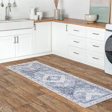 Load image into Gallery viewer, Spacious kitchen showcasing an elegant Oriental/Persian-style rug made of machine-woven 100% polyester with integrated non-slip backing.