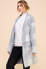 Load image into Gallery viewer, Grey plaid cardigan with structured pockets and collar. Soft, plush and elevated makes it great for versatile looks.
