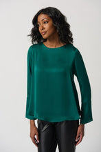Load image into Gallery viewer, A chic green satin top with a scoop neck