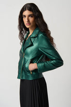 Load image into Gallery viewer, A chic faux leather biker jacket featuring a notched collar, metallic shine, and zippered pockets for a bold everyday look.