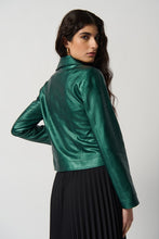 Load image into Gallery viewer, This faux leather biker jacket enhances daily outfits with its notched collar, shiny metallic surface, and striking zippered pockets.