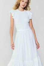 Load image into Gallery viewer, White midi dress with short sleeves, ruffled hem, and mixed-media construction for a breezy, textured look."