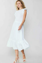 Load image into Gallery viewer, A short-sleeved, ruffled white midi dress with a sweater bodice and a ruffled hem for breezy movement