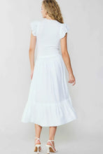 Load image into Gallery viewer, Elegant white midi dress featuring a ruffled hem, short sleeves, and a mixed-media construction for a fashionable and breezy appeal.