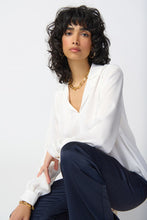 Load image into Gallery viewer, Elegant satin top with notch collar, lapels, and centre-front ties. Puff sleeves with gold button cuffs. Sleek yokes for structure and style.