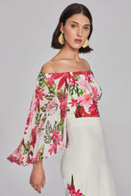 Load image into Gallery viewer, Scuba crepe chiffon off-shoulder top with floral print. Fitted design and pleated cape add elegance. Versatile piece from the Signature Collection.