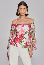 Load image into Gallery viewer, Floral print off-shoulder top in scuba crepe chiffon. Fitted design with pleated cape for elegance. Versatile and stylish for all occasions.