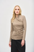 Load image into Gallery viewer, Elegant jersey knit top featuring a wrap neckline, long sleeves, and side shirring for a fitted silhouette, perfect for day or night.