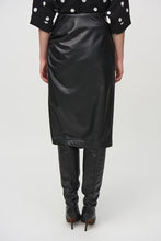Load image into Gallery viewer, Modern pencil skirt in leatherette, showcasing side shirring and a wrapped front, offering comfort and sophisticated style.