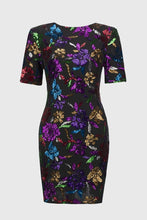Load image into Gallery viewer, Eye-catching sequined mesh sheath dress with floral details, elegant boat neck, V-neck back, and stylish short sleeves with pads.