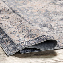 Load image into Gallery viewer, A beautifully patterned blue and white rug, exuding sophistication and elegance, with a sleek and flat pile.