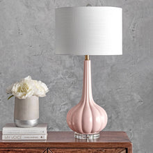 Load image into Gallery viewer, Illuminate your bedroom, living room, or any other area with this stylish pink table lamp. Its white fabric drum shade creates a perfect balance of lighting.