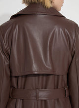 Load image into Gallery viewer, Classic knee-length Cielo Vegan Leather Trench Coat featuring a detachable belt, double-breasted front, and rainproof design.