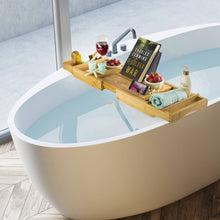 Load image into Gallery viewer, Transform your bath into a luxurious spa with this bamboo bathtub caddy. Its extendable sides, mobile device tray, and wine holder provide convenience and relaxation. Crafted from eco-friendly wood, it's waterproof and durable, ensuring a premium experience.