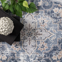 Load image into Gallery viewer, Enhance your decor with a blue and white area rug showcasing a vase and a book, exuding elegance and refinement.
