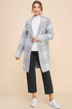Load image into Gallery viewer, Grey plaid cardigan with structured pockets and collar. Soft, plush and elevated makes it great for versatile looks.