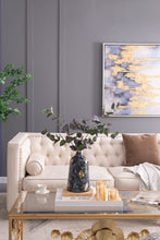 Load image into Gallery viewer, Elegant glass vase in blue with gold flashes, wide curved silhouette, short neck, and round opening.