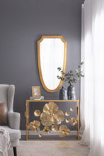 Load image into Gallery viewer, Decorative glass vase in dazzling blue with gold accents, wide curved shape, short neck, and round opening. Ideal for console table or mantel.