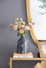 Load image into Gallery viewer, Stunning blue glass vase with gold highlights, wide curved silhouette, short neck, round opening. Adds contemporary touch to any space.