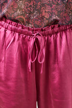 Load image into Gallery viewer, Close-up of pink satin pants with a floral patterned fabric underneath.