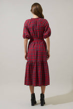 Load image into Gallery viewer, Plaid Chapman Red, Green and White Midi Tiered Dress with Short Puff Sleeve and waist tie.