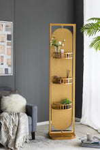 Load image into Gallery viewer, Gold finish full length mirror with 360-degree swivel. Three storage shelves for jewelry, cosmetics, and small items.