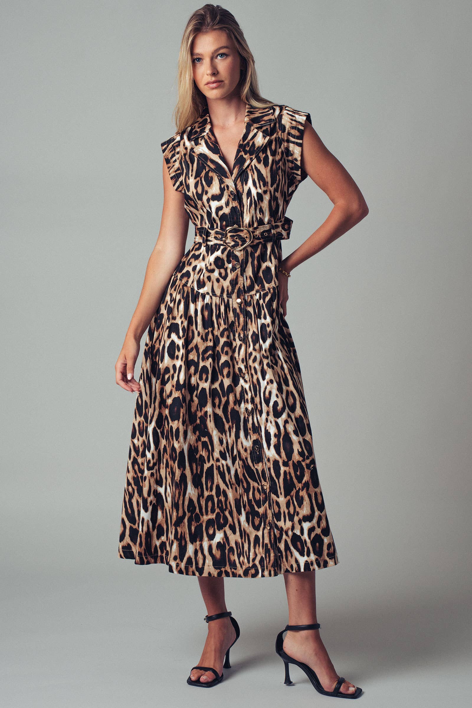 Belted Leopard Print Midi Dress Large