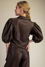 Load image into Gallery viewer, Dark chocolate brown metallic coated puff sleeve button down top.