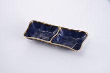 Load image into Gallery viewer, High-fired porcelain server in blue glaze with gold-tone rims. Great for appetizers, desserts, sides, nuts, candy. Food safe, dishwasher safe, oven safe to 500°.