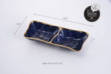 Load image into Gallery viewer, Sunset by the sea 2 section server in blue glazed porcelain with gold-tone rims. Versatile for appetizers, desserts, sides, nuts, or candy. Food safe, dishwasher safe, and easy to care for.