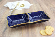 Load image into Gallery viewer, Blue glazed porcelain 2 section server with gold-tone rims. Perfect for appetizers, desserts, and sides. Food safe, dishwasher safe, and oven safe to 500°.