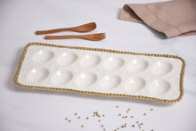 Load image into Gallery viewer, Deviled Egg Tray: High-fired porcelain with gold beads, perfect for brunch or Easter. Holds deviled eggs or sushi. Dishwasher safe, stain resistant, tarnish free.