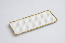 Load image into Gallery viewer, Golden Salerno Deviled Egg Tray: Ideal for brunch or Easter, this tray holds deviled eggs or sushi. High-fired porcelain with gold beads, dishwasher safe.