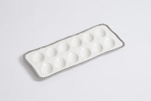 Load image into Gallery viewer, Deviled egg tray in Salerno, great for brunch or Easter. Display deviled eggs or sushi. White porcelain with silver beads, easy care.