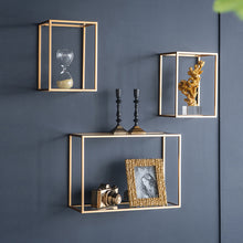 Load image into Gallery viewer, Set of 6 floating wall shelves with gold frame and rectangular/square designs, accented with iron and veneer for a glamorous touch.