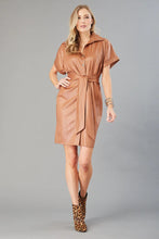 Load image into Gallery viewer, Cognac kimono-style shirt dress in tan leather with attached belt and snap closure.