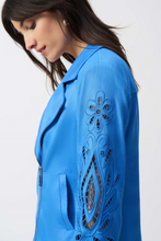 Load image into Gallery viewer, Faux-suede moto jacket featuring a notched collar, fitted silhouette, foiling, and embroidery for a refined biker style.