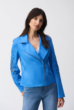 Load image into Gallery viewer, Stylish faux-suede moto jacket with a notched collar and fitted design, enhanced by foiling and embroidery for elegance.