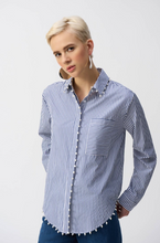 Load image into Gallery viewer, Classic striped button-down shirt in soft stretch cotton with a high-low hem and pearl trim, perfect for casual or dressy outfits.