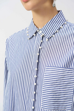 Load image into Gallery viewer, Versatile striped button-down shirt featuring soft stretch cotton, high-low hem, and pearl trim, ideal for various occasions.