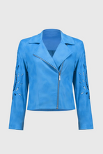 Load image into Gallery viewer, Stand out in this faux-suede moto jacket, showcasing a fitted silhouette, notched collar, and stylish foiling and embroidery.