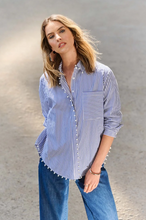 Load image into Gallery viewer, Timeless striped button-down shirt made of soft stretch cotton, with a chic high-low hem and pearl trim for stylish versatility.