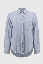Load image into Gallery viewer, Striped button-down shirt made of soft stretch cotton, with a flattering high-low hem and pearl trim, suitable for casual or formal wear.