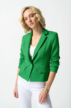Load image into Gallery viewer, A chic bouclé blazer featuring a notched collar, tailored boxy silhouette, long sleeves, and a single button closure for elegance.