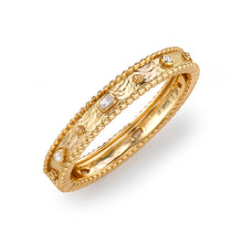 Load image into Gallery viewer, Elegant gold band with side diamonds, showcasing the Berry Gem Hinged Bangle embellished with clear cubic zirconia.